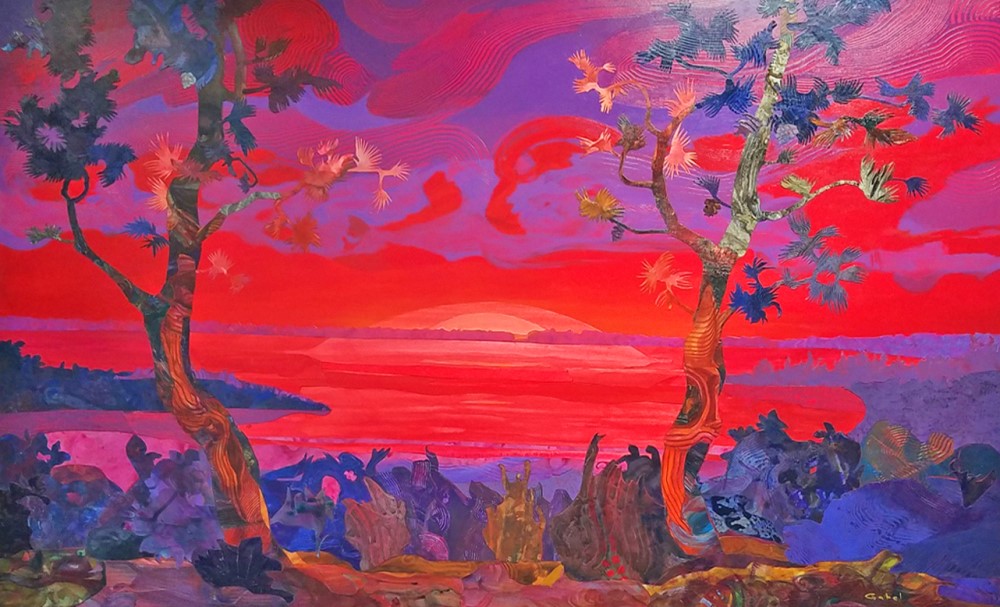 Jackson Grove by artist Matt Gabel - a mixed media collage of two trees with a sunset background